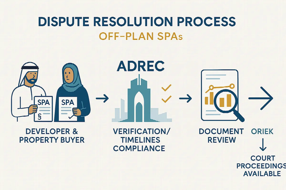 ADREC dispute resolution process infographic showing four-stage verification system for off-plan property investors