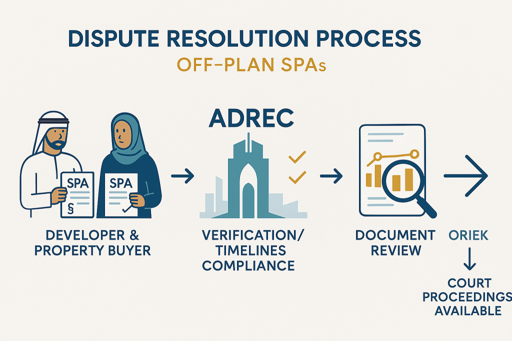 ADREC dispute resolution process infographic showing four-stage verification system for off-plan property investors