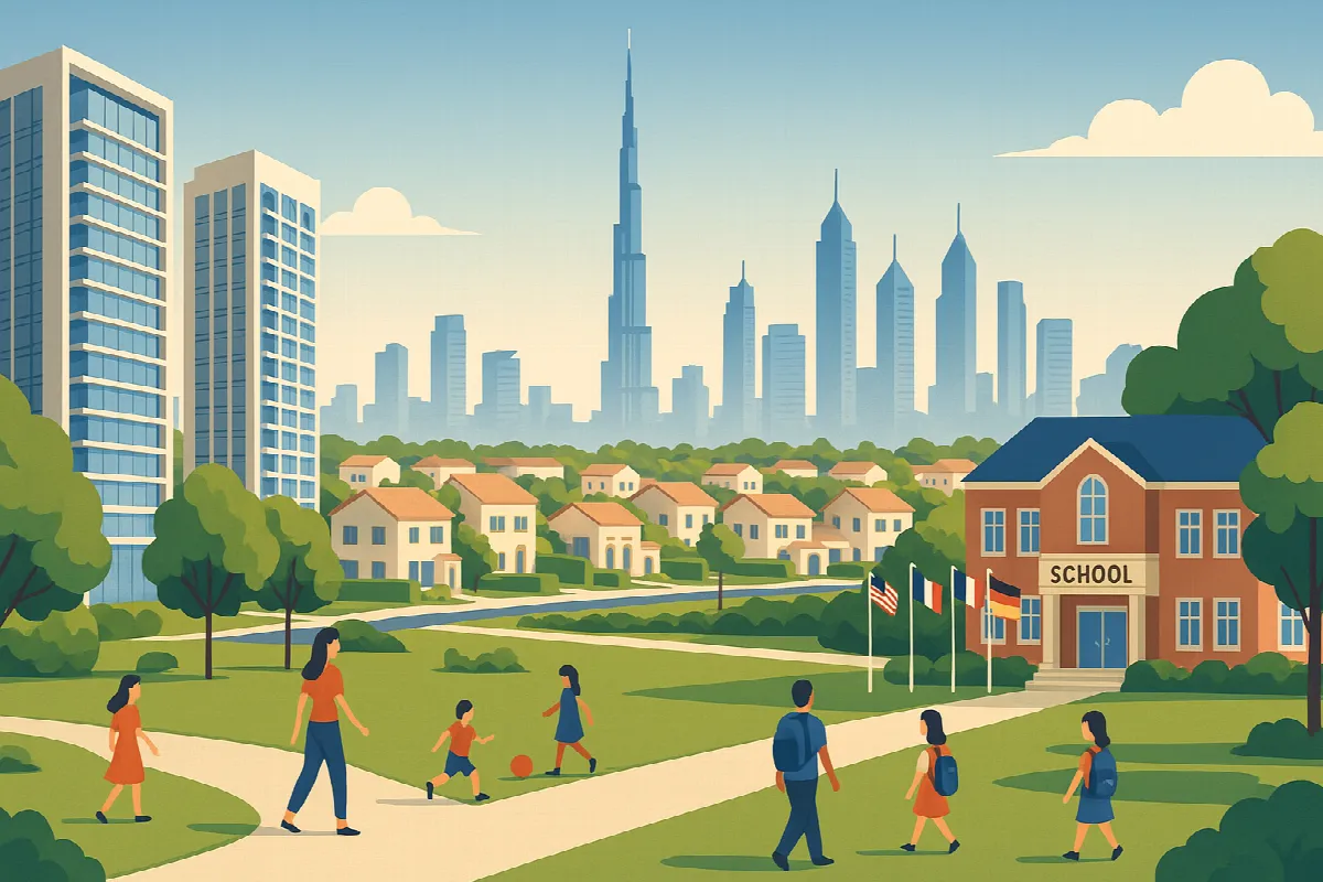Dubai family-friendly neighbourhoods showing Dubai Hills Estate, Arabian Ranches and international schools for expat families