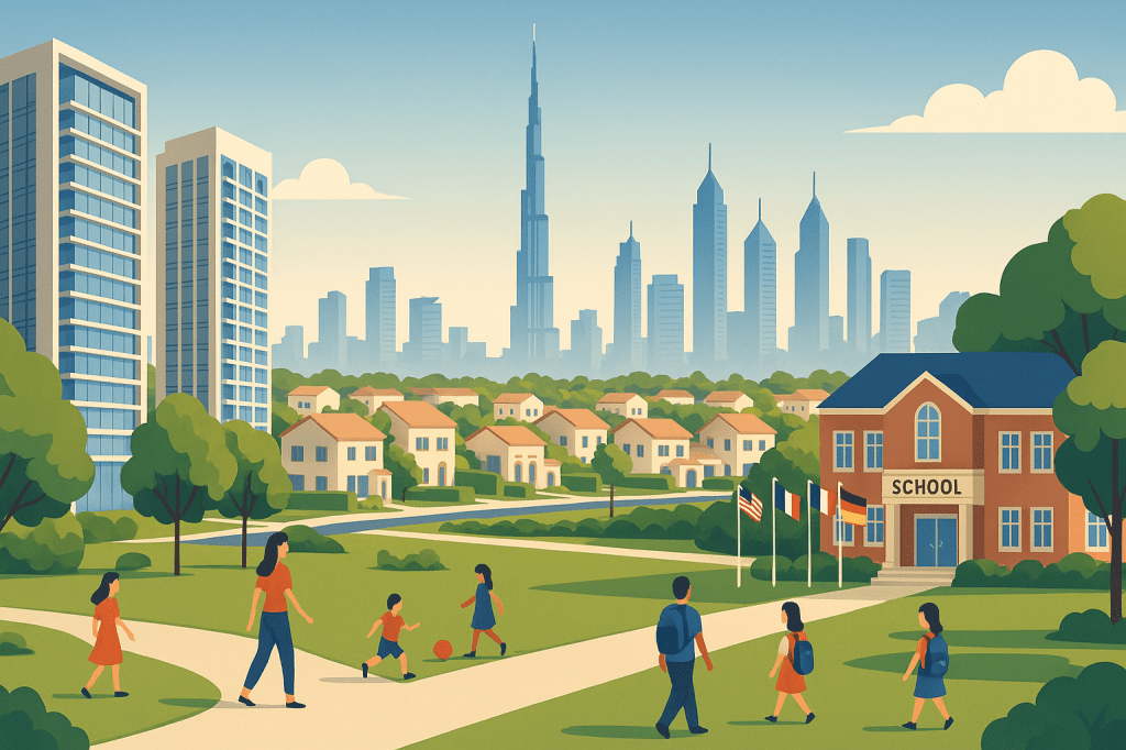 Dubai family-friendly neighbourhoods showing Dubai Hills Estate, Arabian Ranches and international schools for expat families