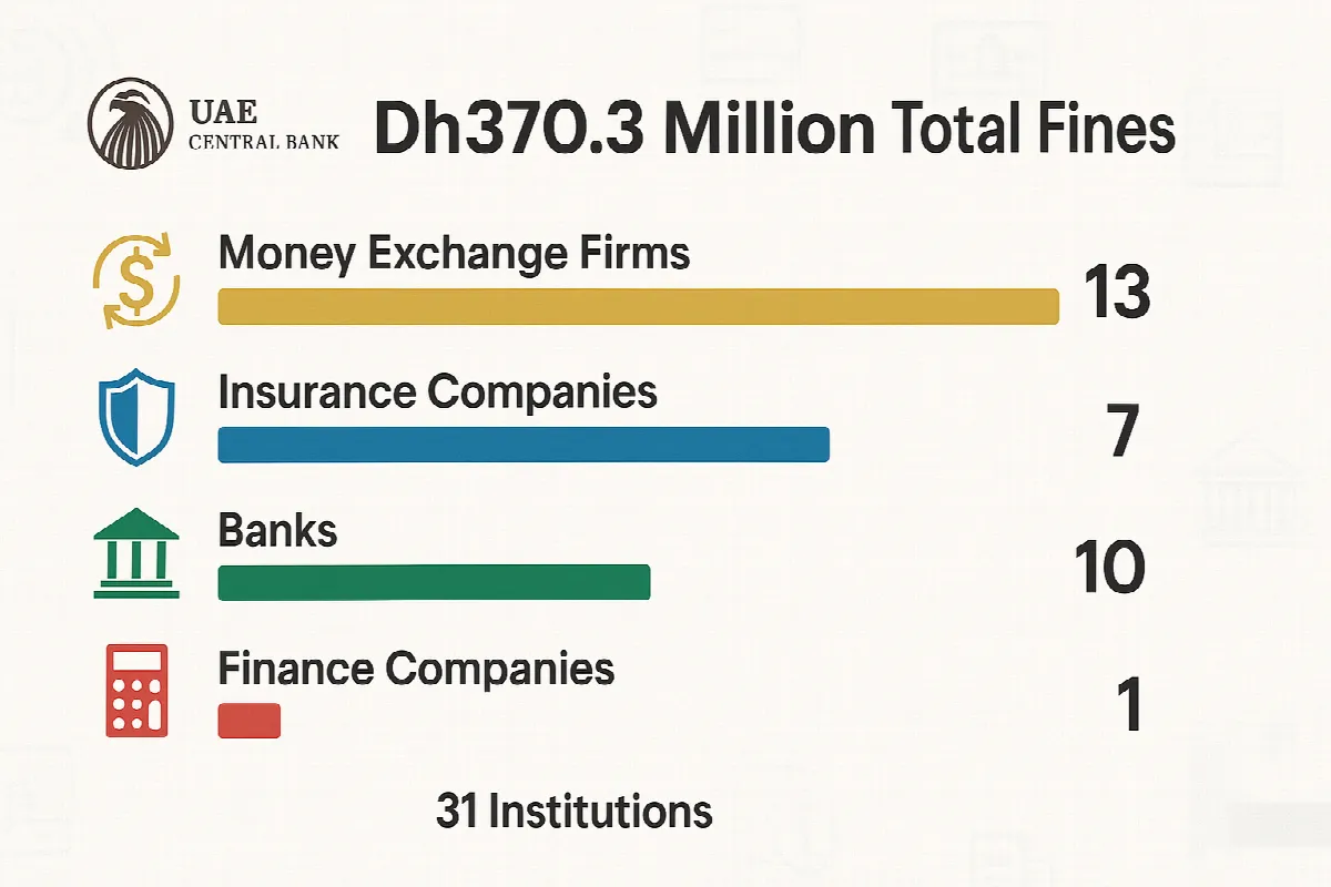 Breakdown of UAE Central Bank penalties across 31 financial institutions in 2025