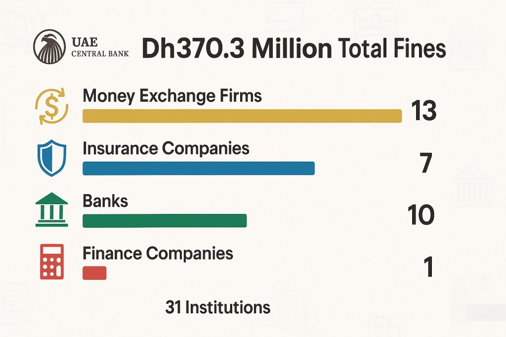 Breakdown of UAE Central Bank penalties across 31 financial institutions in 2025