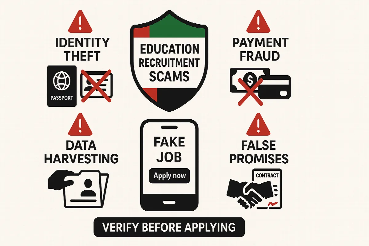 Warning infographic showing four common tactics used in UAE education job recruitment scams