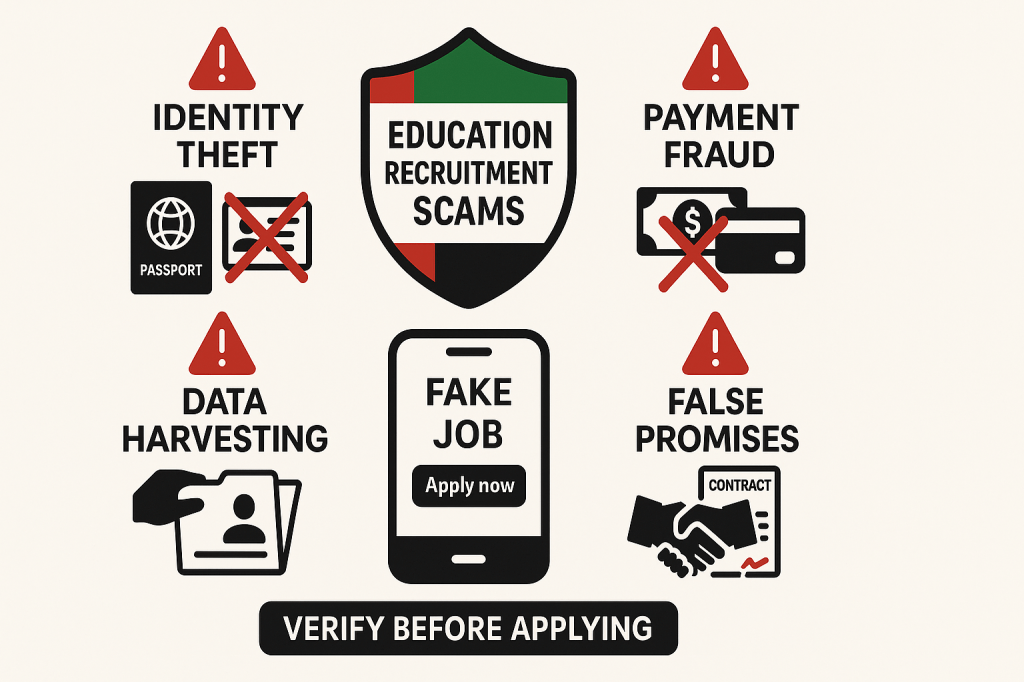 Warning infographic showing four common tactics used in UAE education job recruitment scams