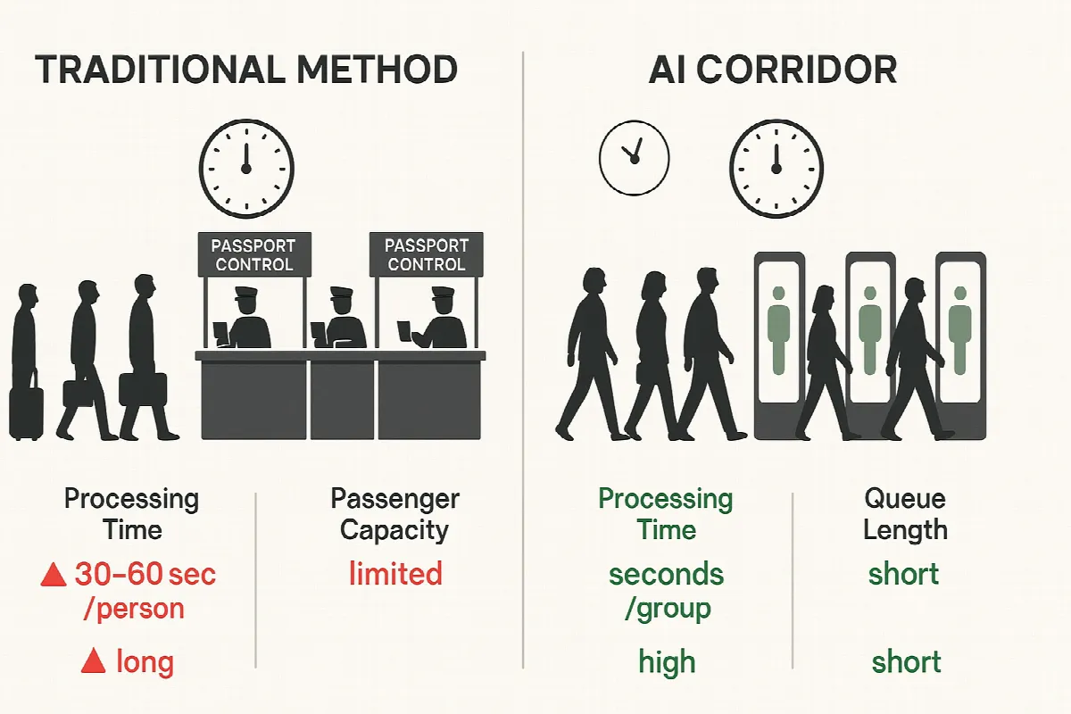 Comparison between traditional immigration processing and Dubai Airport's new AI corridor system