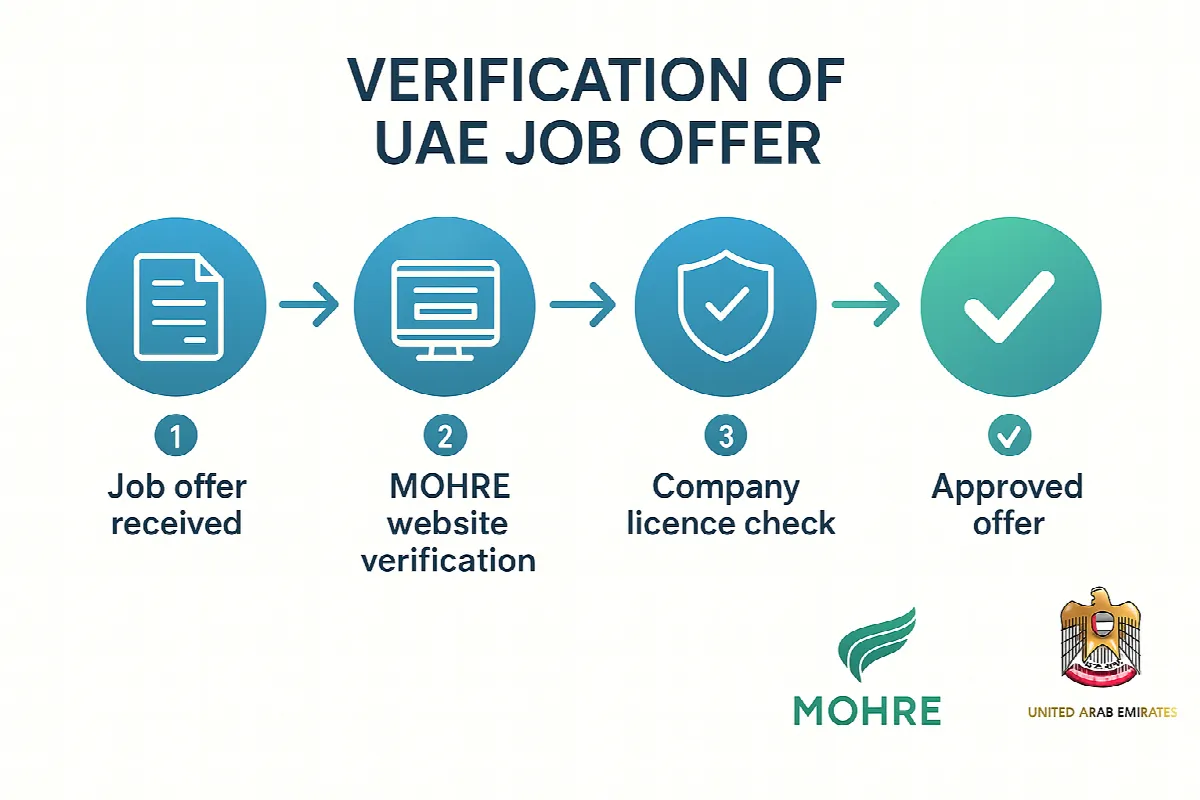 Step-by-step verification flowchart for checking legitimate UAE job offers through official channels