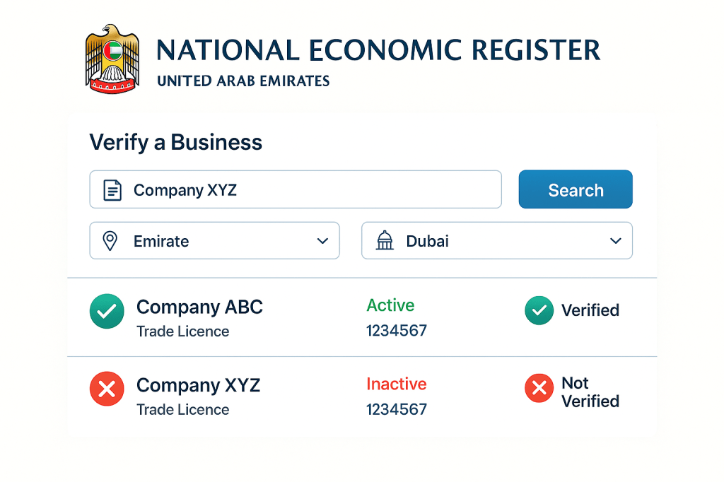 National Economic Register company verification dashboard showing legitimate business licence status