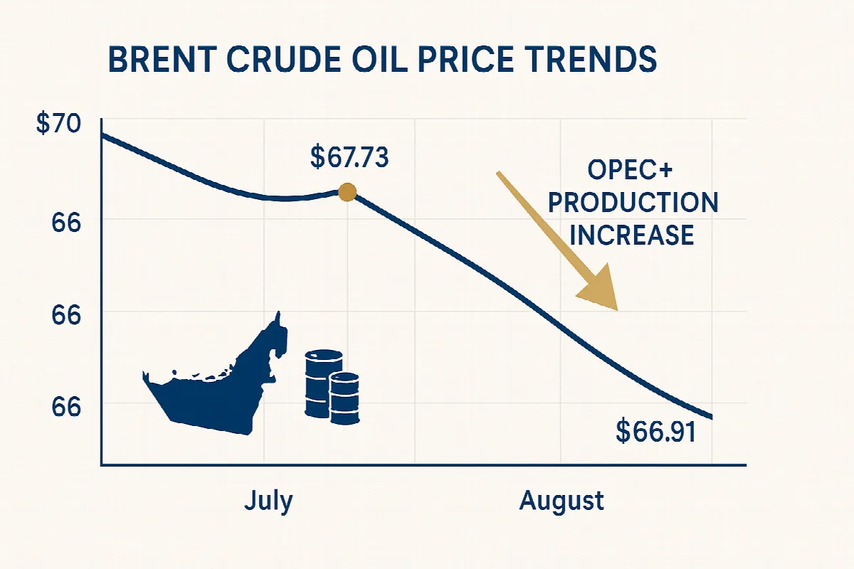 Brent crude oil price trend chart showing decline from July to August 2025 affecting UAE fuel prices