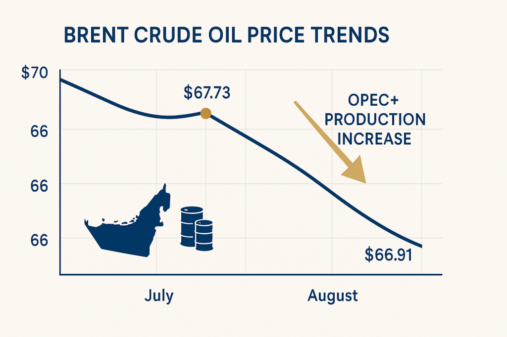 Brent crude oil price trend chart showing decline from July to August 2025 affecting UAE fuel prices