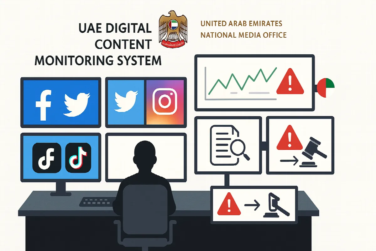 UAE National Media Office digital monitoring system showing 24/7 social media content surveillance and violation detection