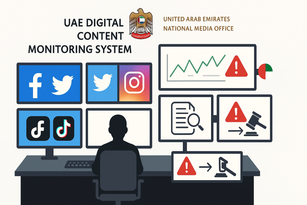 UAE National Media Office digital monitoring system showing 24/7 social media content surveillance and violation detection