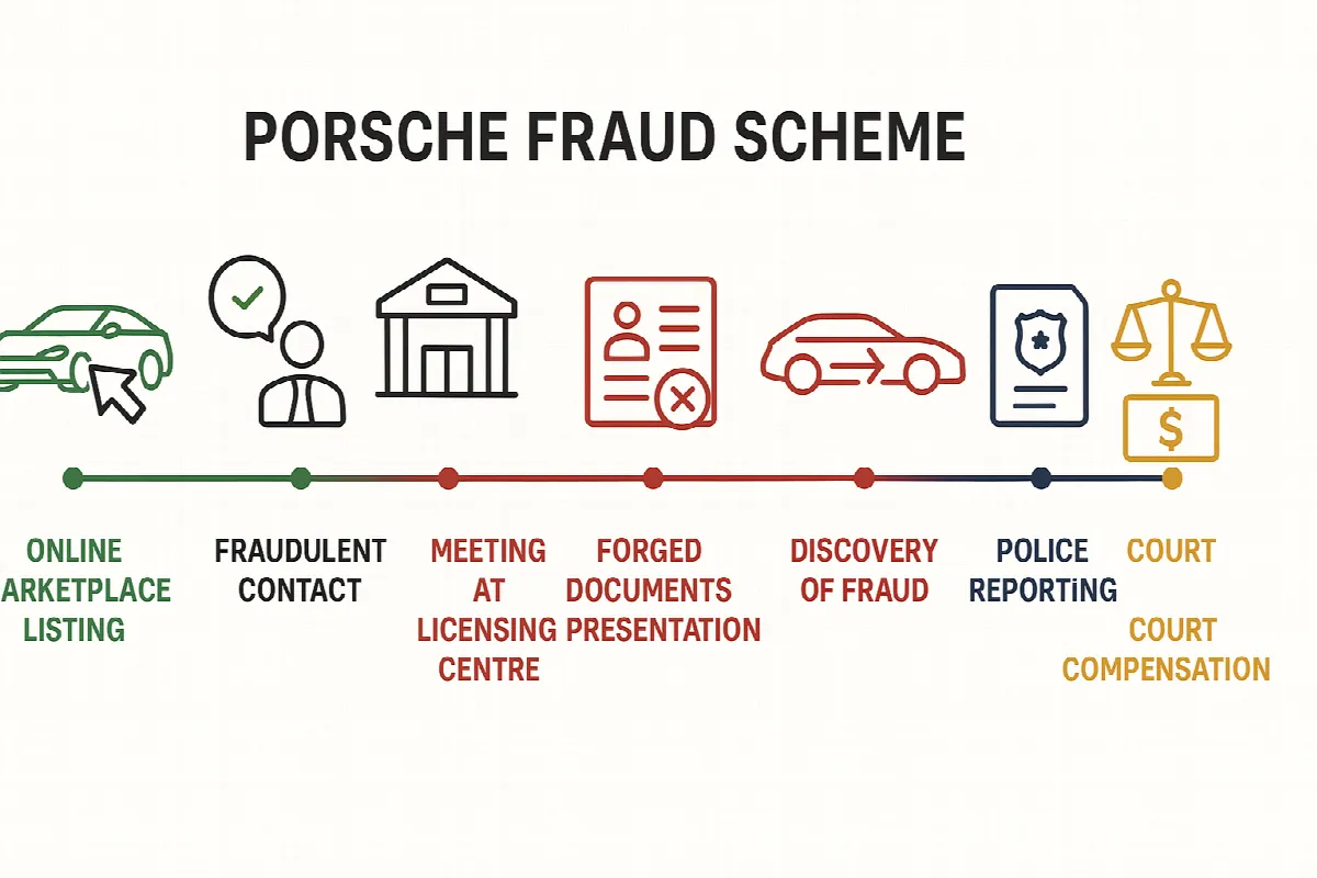 Timeline infographic showing Dubai Porsche fraud scheme from online listing to Dh745,000 court compensation