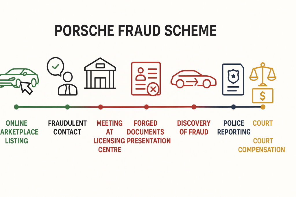 Timeline infographic showing Dubai Porsche fraud scheme from online listing to Dh745,000 court compensation