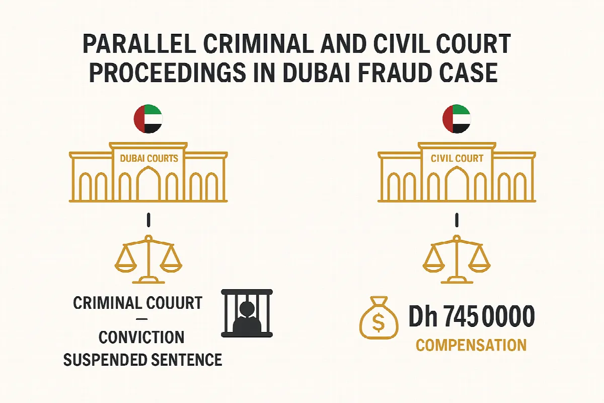 Dubai court system diagram showing parallel criminal conviction and civil compensation proceedings