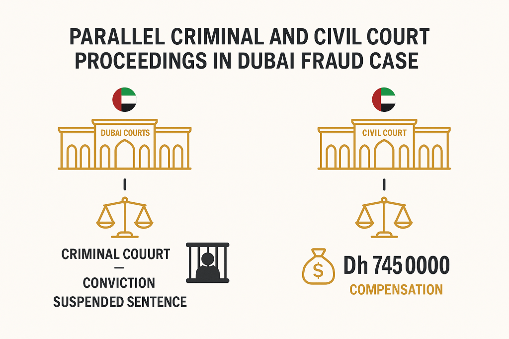 Dubai court system diagram showing parallel criminal conviction and civil compensation proceedings