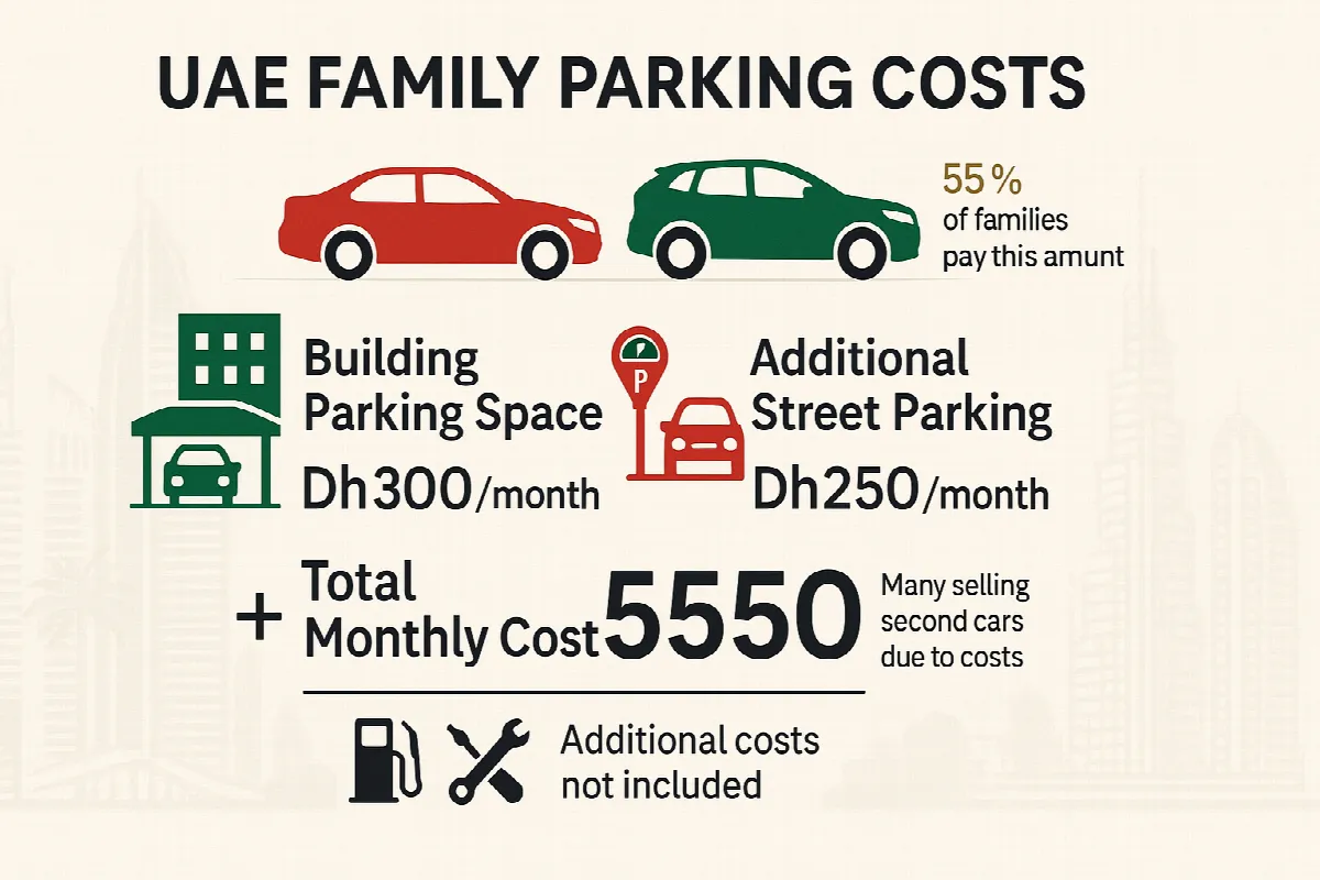 UAE parking costs infographic showing Dh550 monthly expenses breakdown for families with two cars