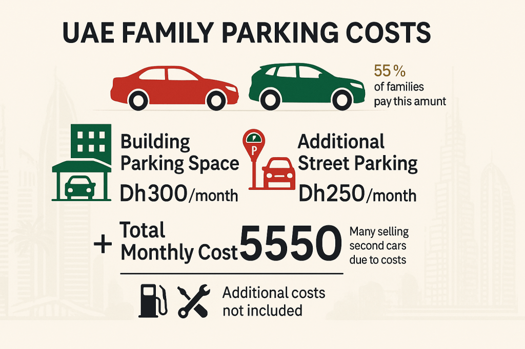 UAE parking costs infographic showing Dh550 monthly expenses breakdown for families with two cars