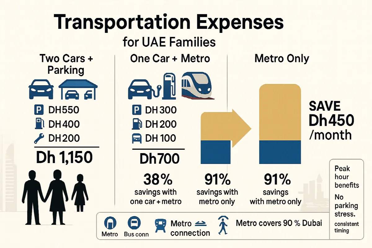 Monthly transportation cost comparison showing potential savings of Dh450 by switching from two cars to Metro in UAE