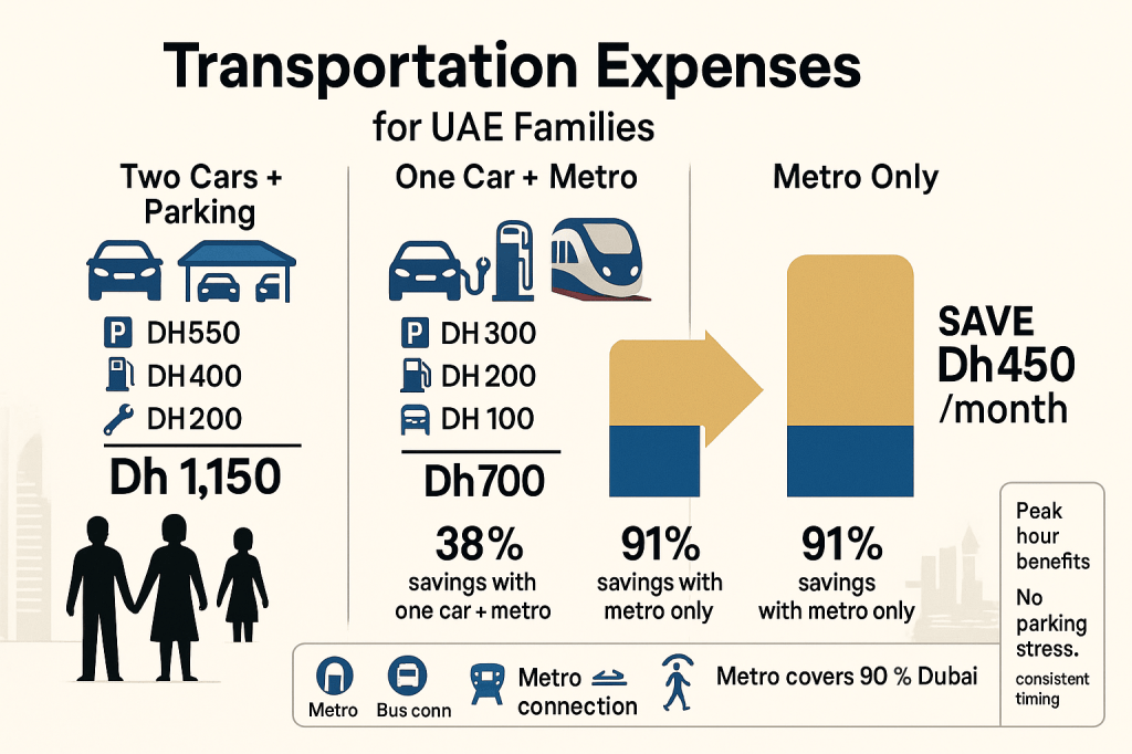 Monthly transportation cost comparison showing potential savings of Dh450 by switching from two cars to Metro in UAE