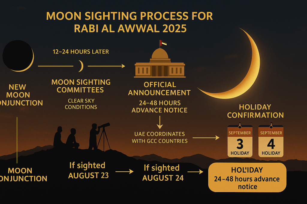 Moon sighting timeline showing how UAE determines Prophet's birthday holiday date through lunar observation