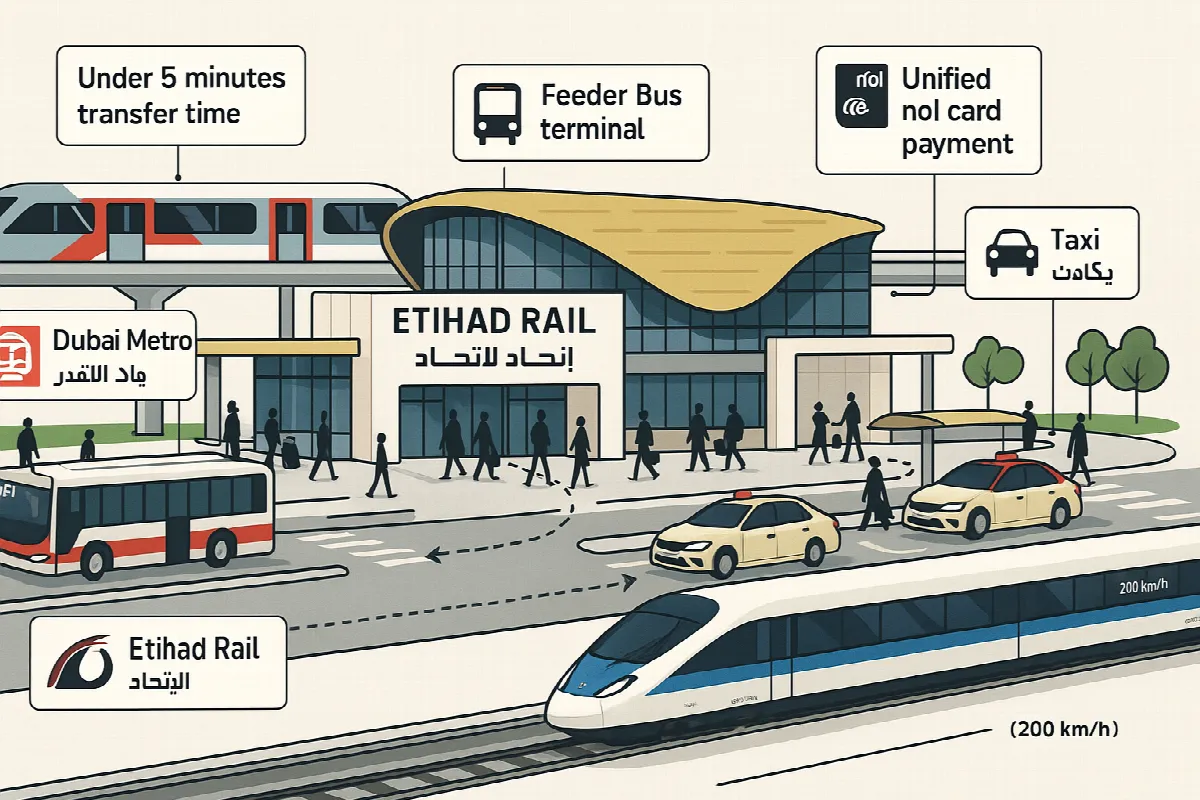 Etihad Rail integrated transport hub showing connections between high-speed trains, Dubai Metro, buses and taxis with unified ticketing