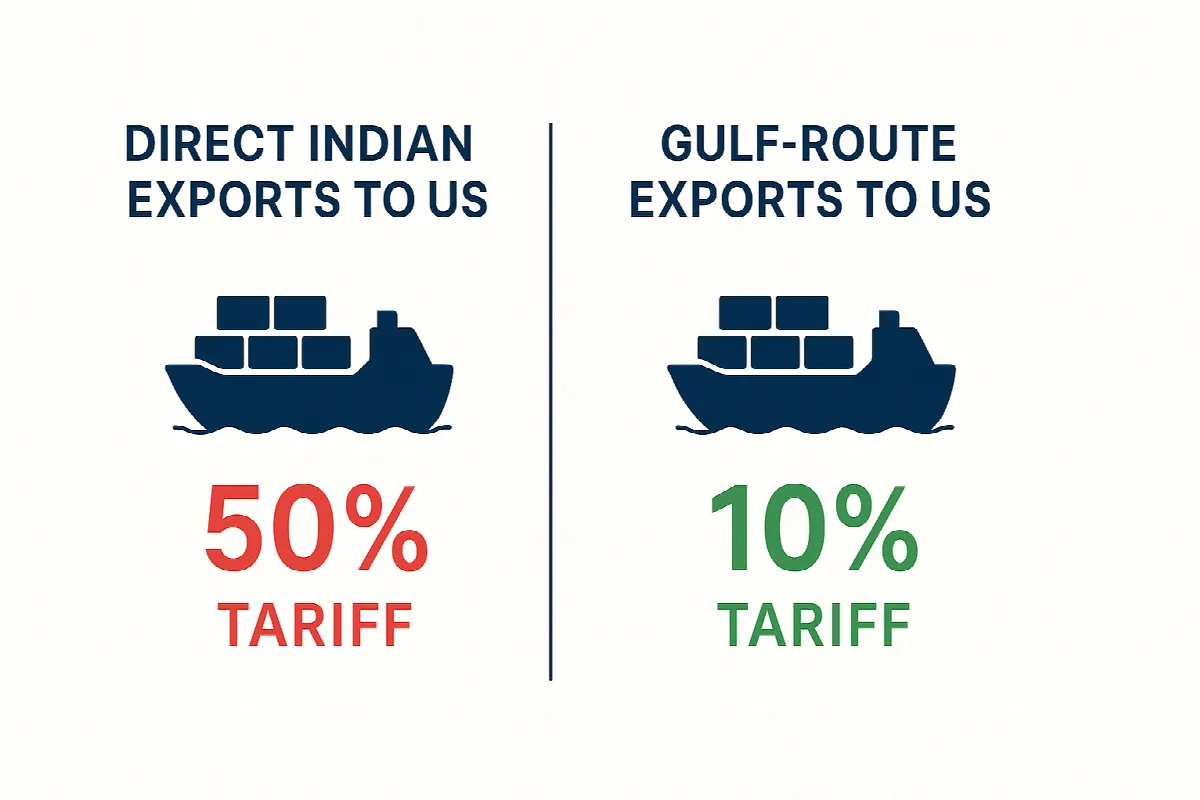 Comparison chart showing US tariff rates: 50% on direct Indian exports vs 10% on Gulf-routed products