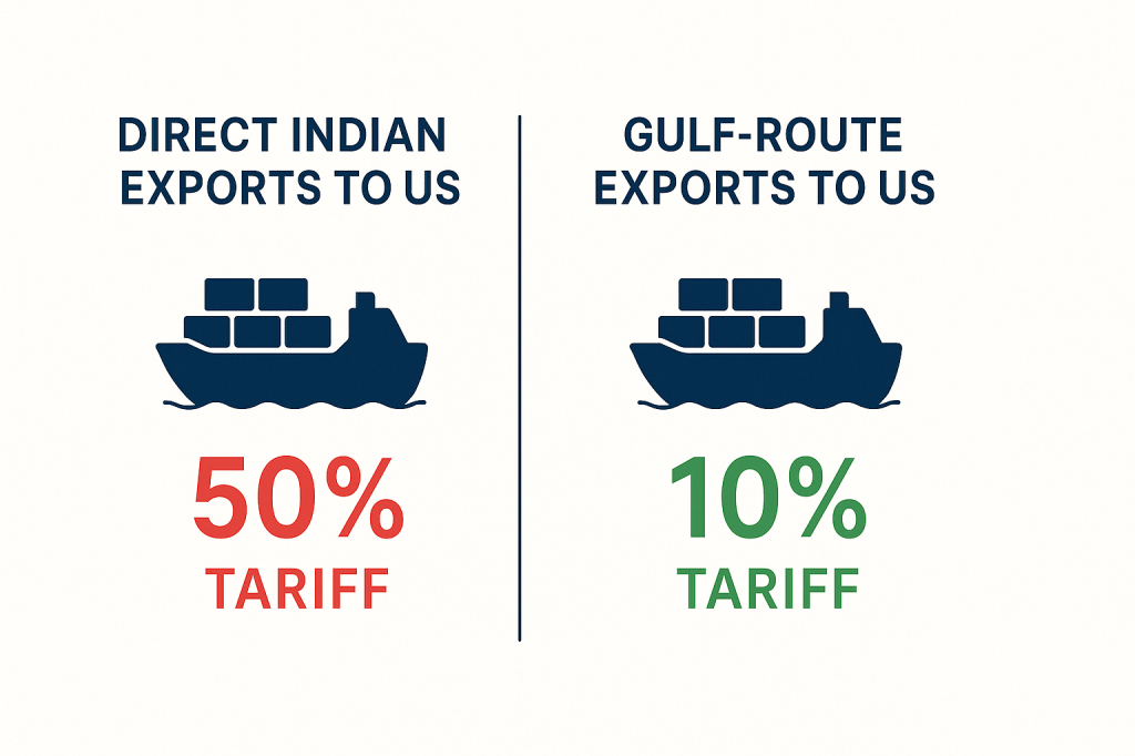 Comparison chart showing US tariff rates: 50% on direct Indian exports vs 10% on Gulf-routed products