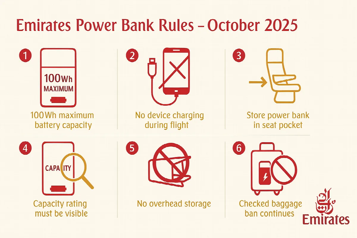 Emirates power bank regulations infographic showing six key restrictions for passengers