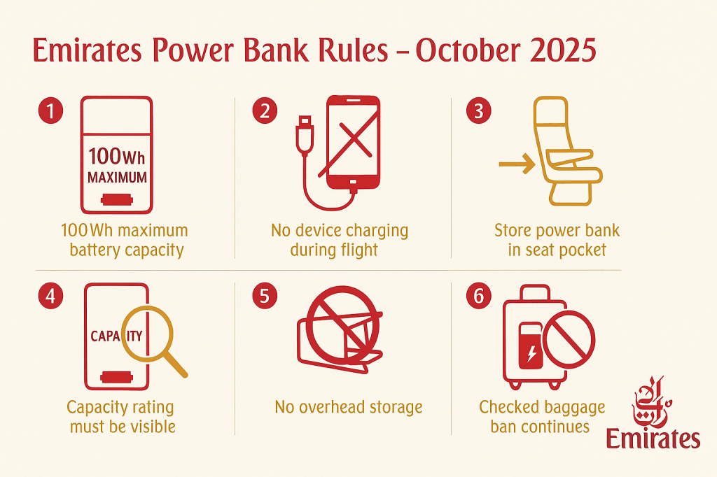 Emirates power bank regulations infographic showing six key restrictions for passengers