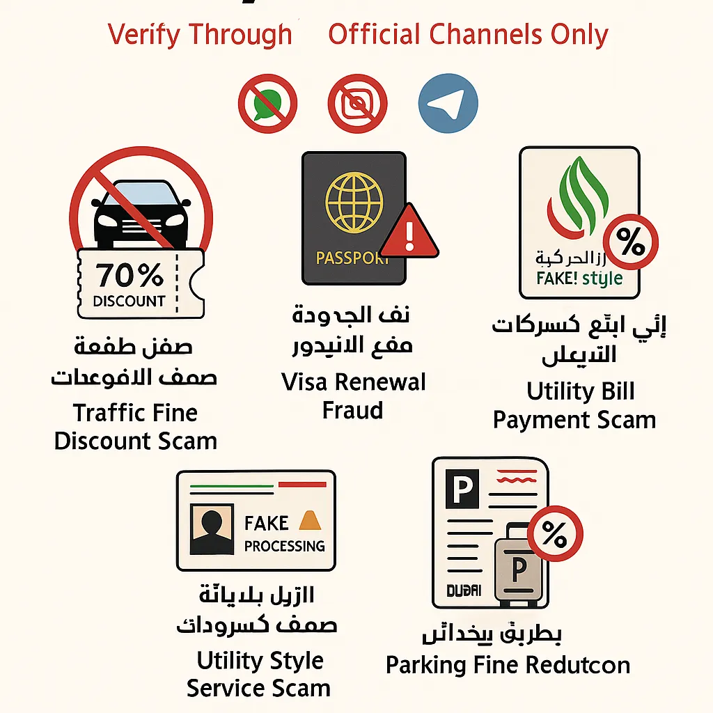 Dubai government service scam warning infographic showing five common fraud types
