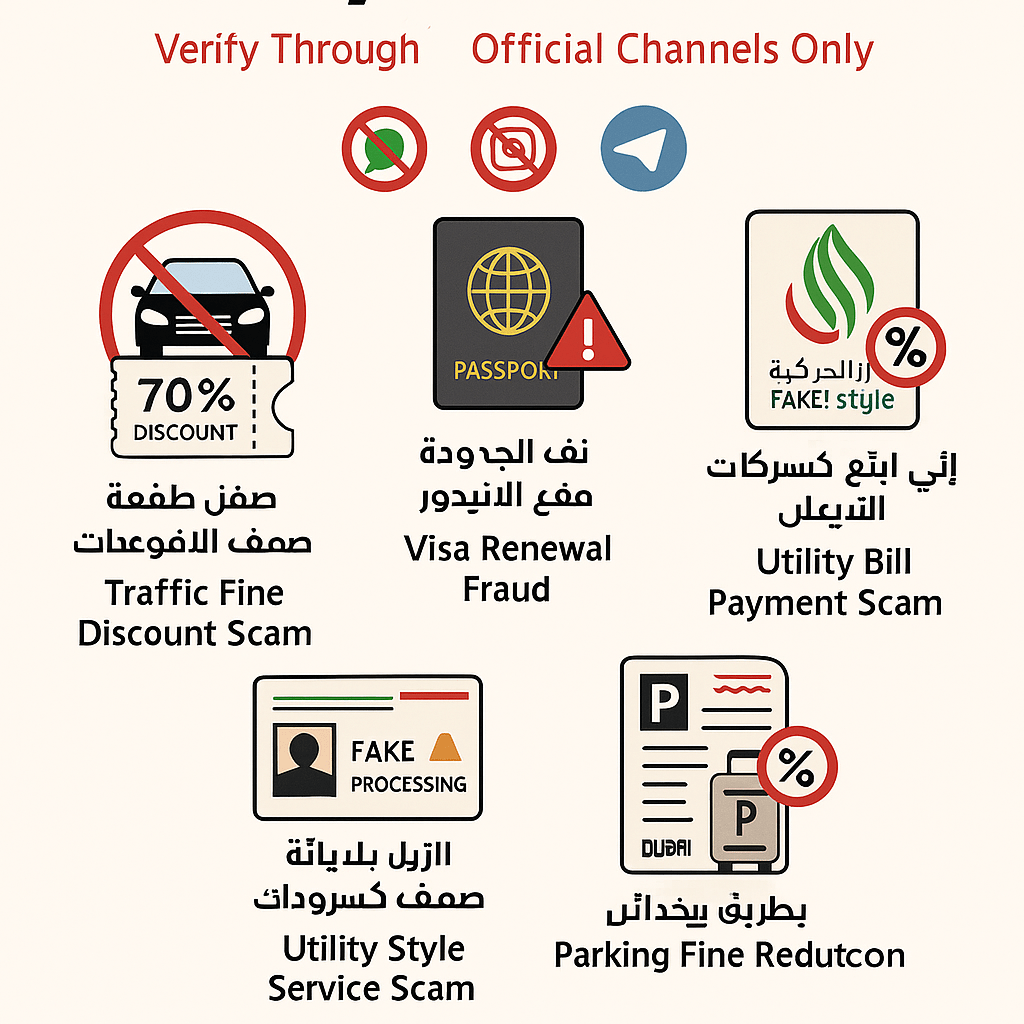 Dubai government service scam warning infographic showing five common fraud types