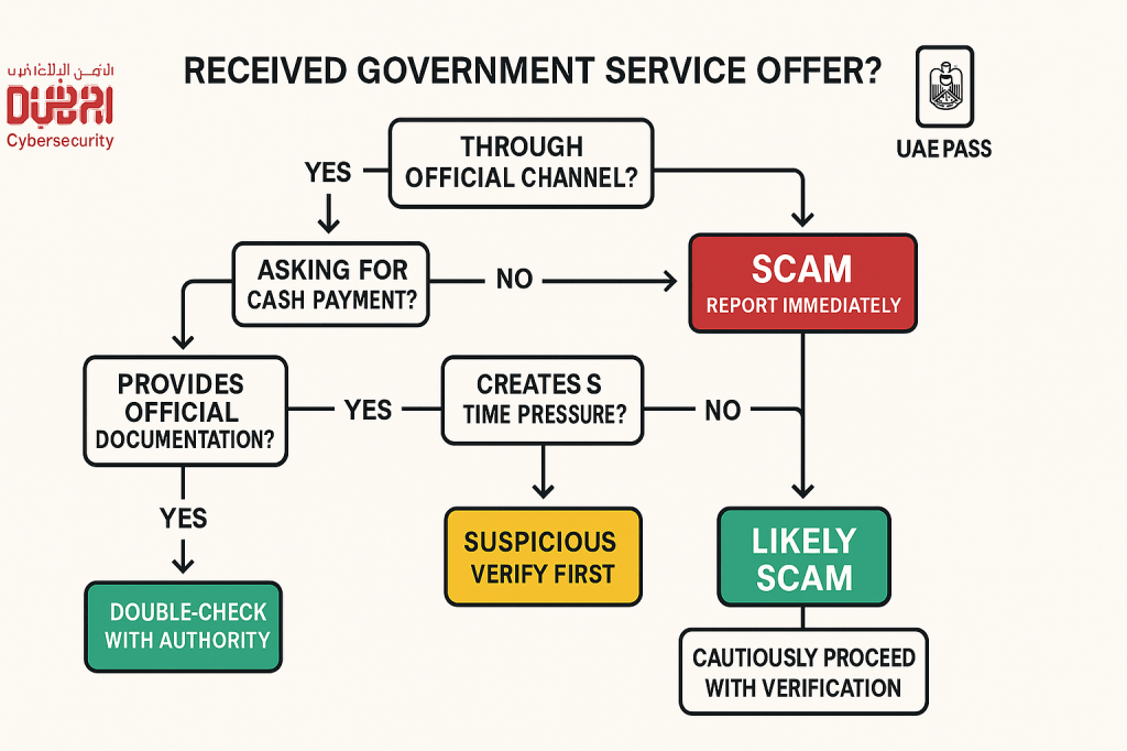 Flowchart helping residents identify legitimate vs fraudulent government service offers
