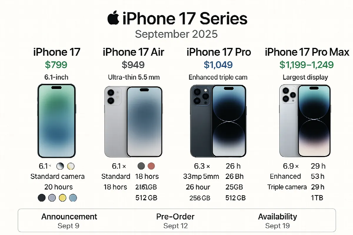 Complete iPhone 17 series comparison showing all four models with pricing and specifications
