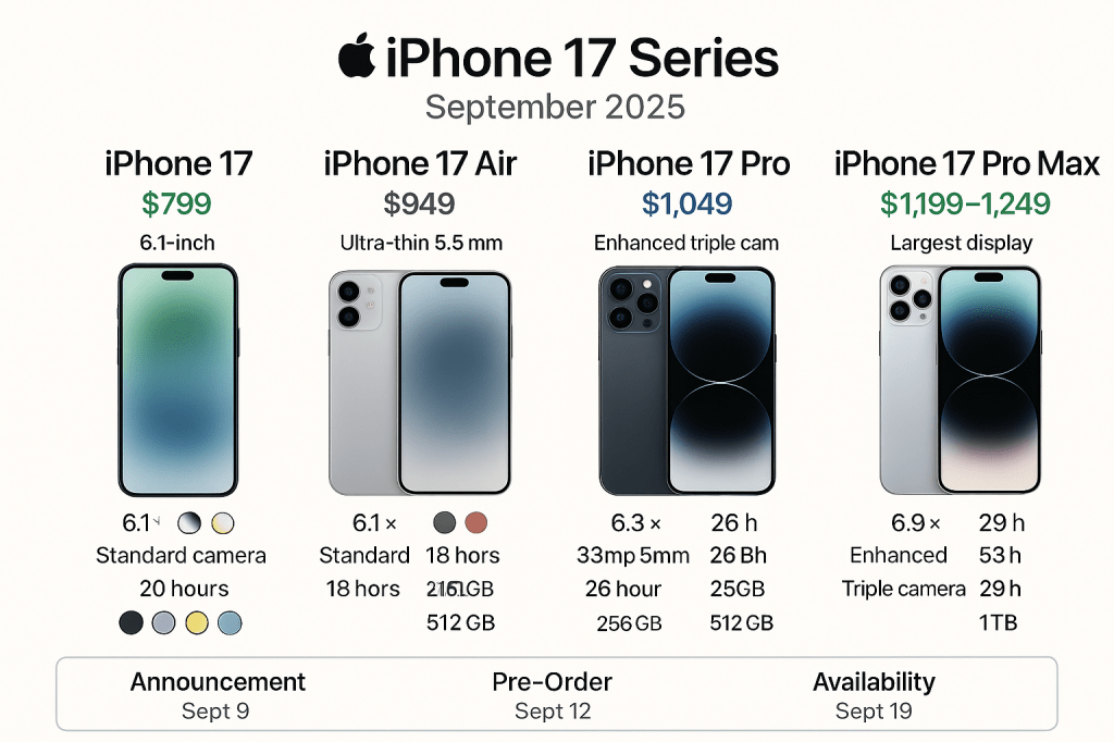 Complete iPhone 17 series comparison showing all four models with pricing and specifications
