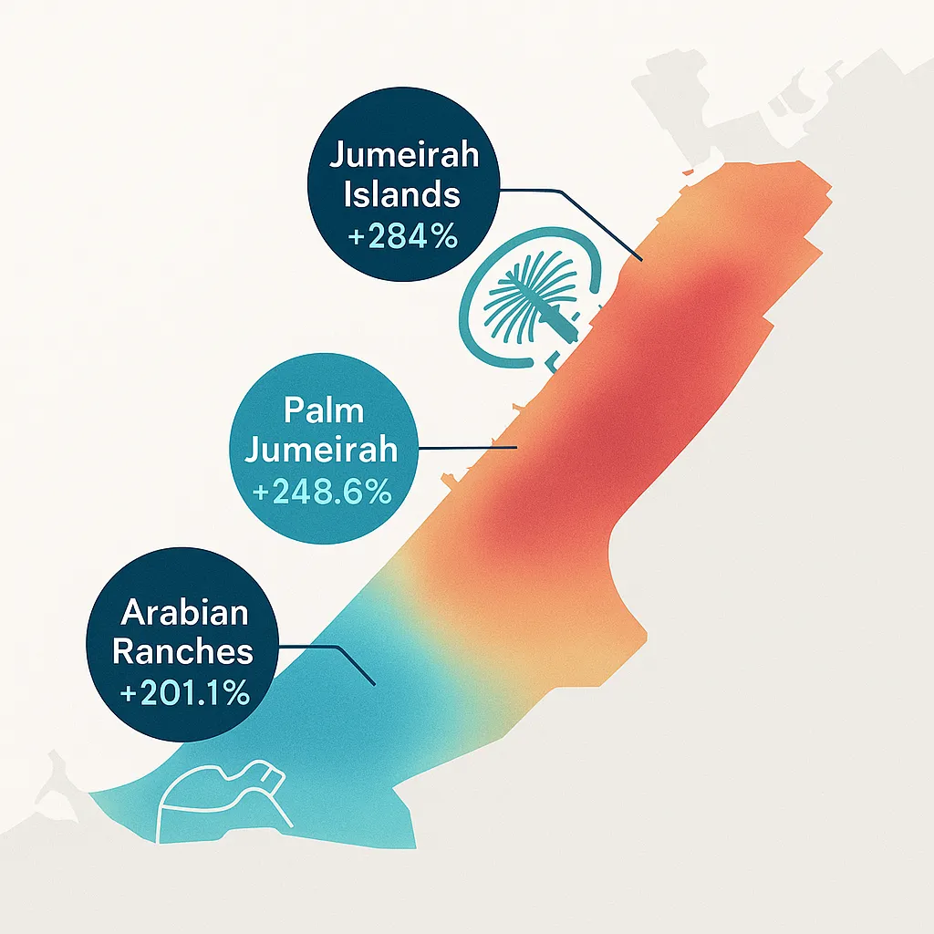 Dubai property areas map showing price growth percentages by location