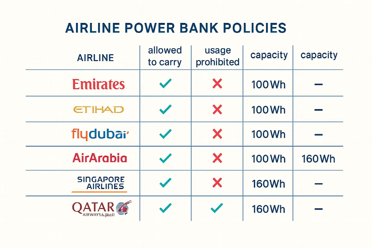 Airline power bank policy comparison chart showing usage restrictions by carrier