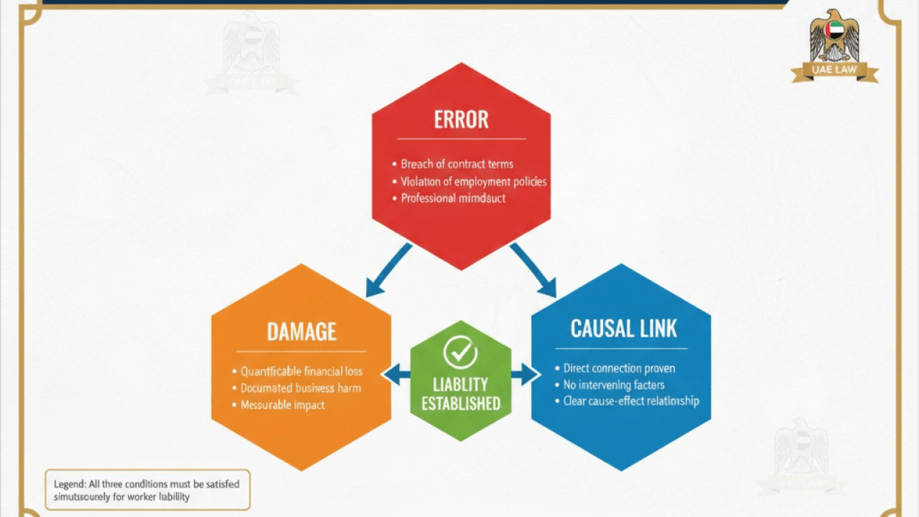 Diagram showing the three legal conditions required for contractual liability in UAE employment disputes