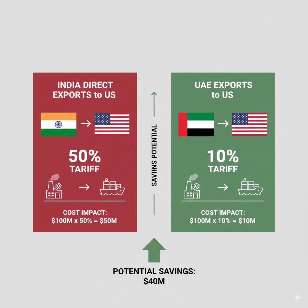 Tariff comparison chart showing 50% India-US tariffs versus 10% UAE-US tariffs with savings calculation