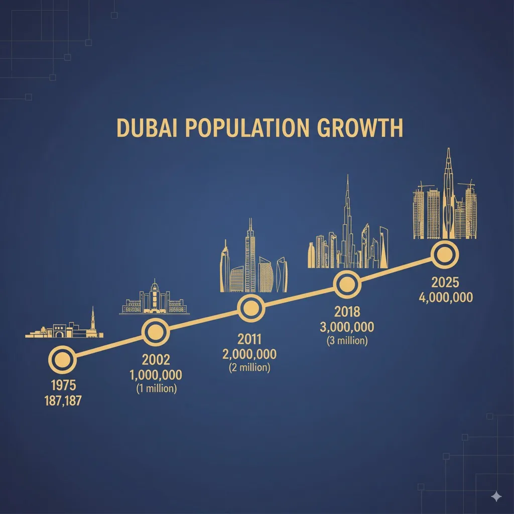 Timeline showing Dubai's population growth from 187,187 in 1975 to 4 million residents in 2025
