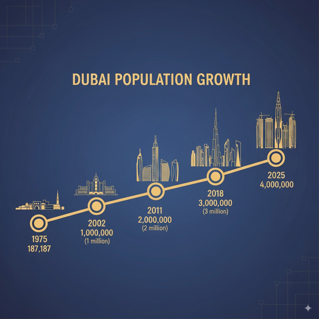 Timeline showing Dubai's population growth from 187,187 in 1975 to 4 million residents in 2025