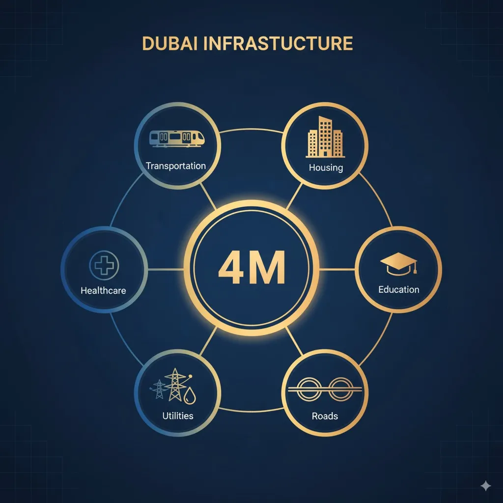 Infographic showing Dubai's infrastructure systems supporting 4 million residents including transport, housing, healthcare