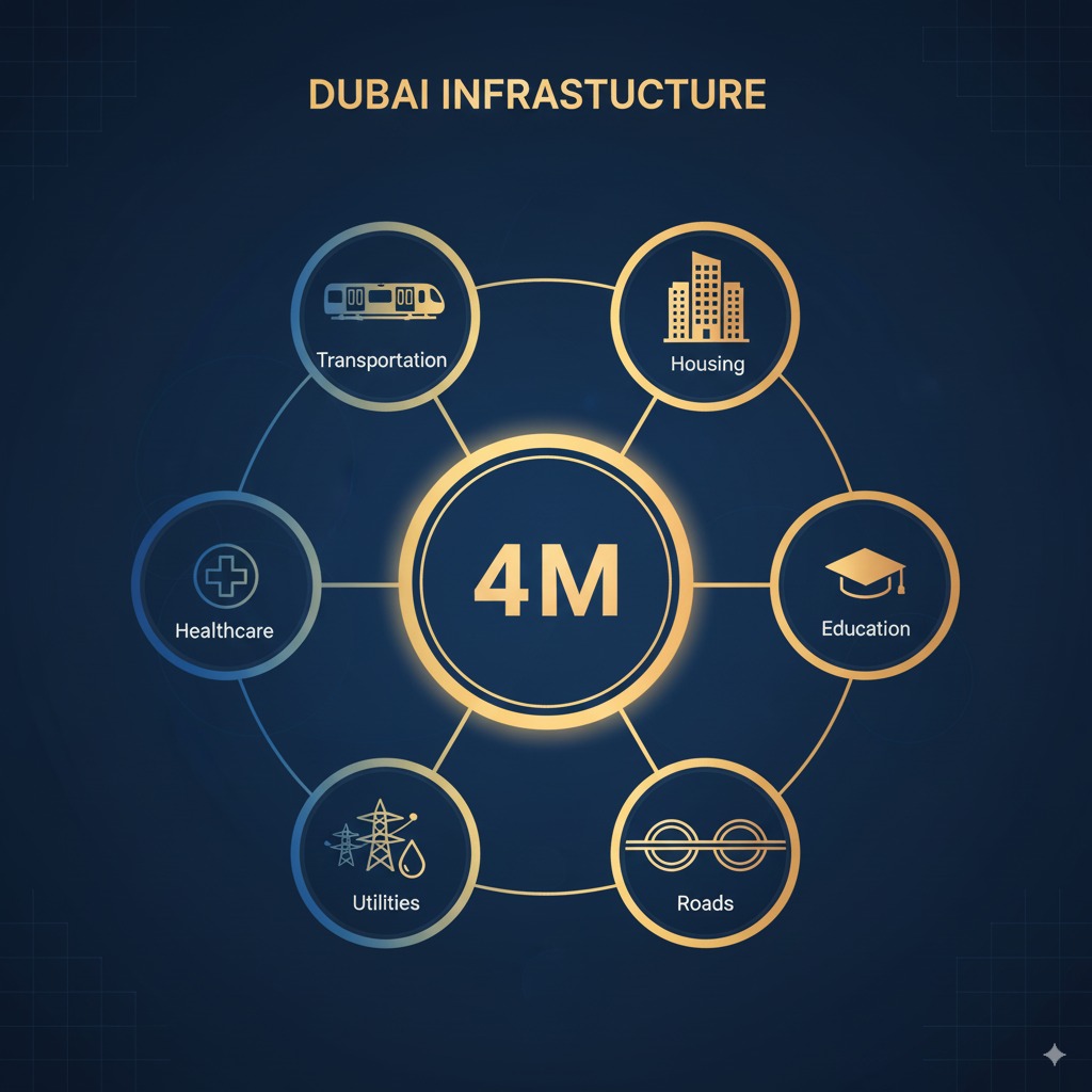 Infographic showing Dubai's infrastructure systems supporting 4 million residents including transport, housing, healthcare