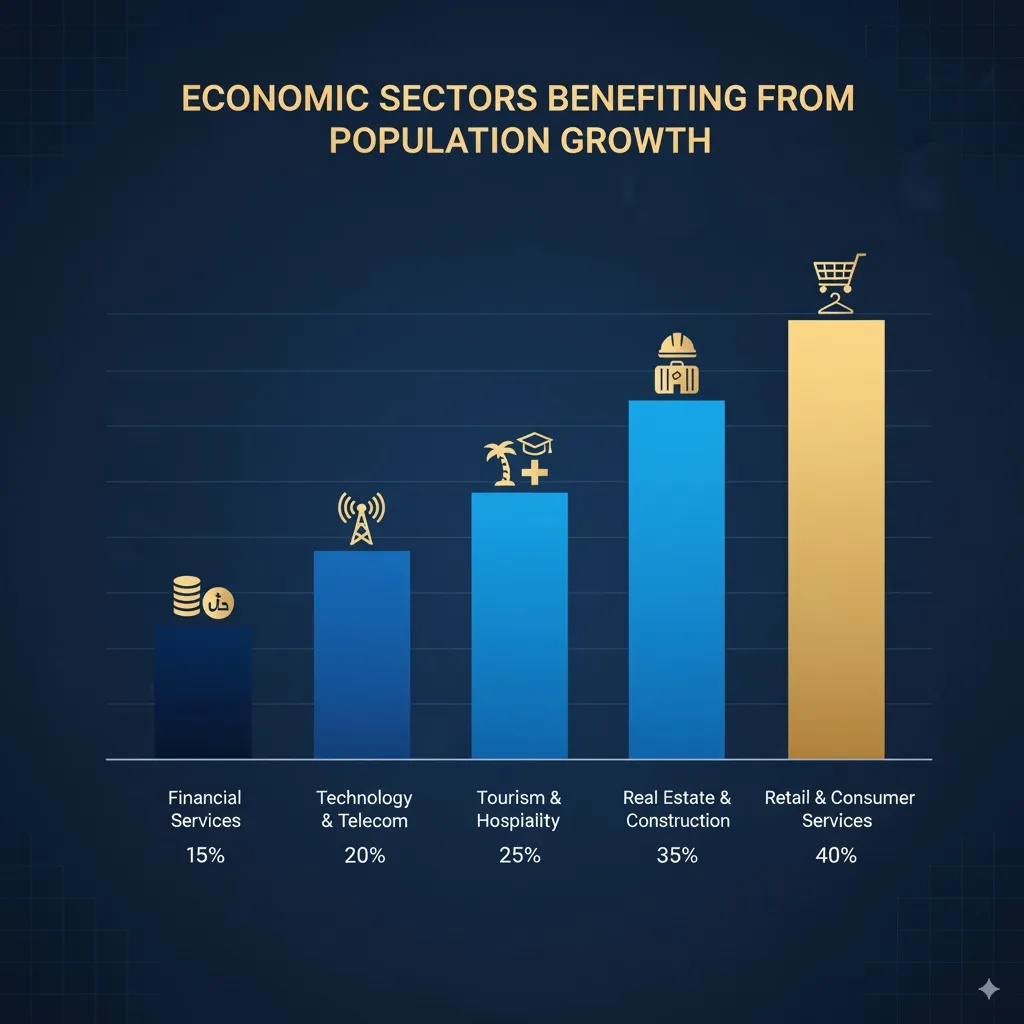 Bar chart showing economic sectors in Dubai benefiting from 4 million population milestone with growth percentages