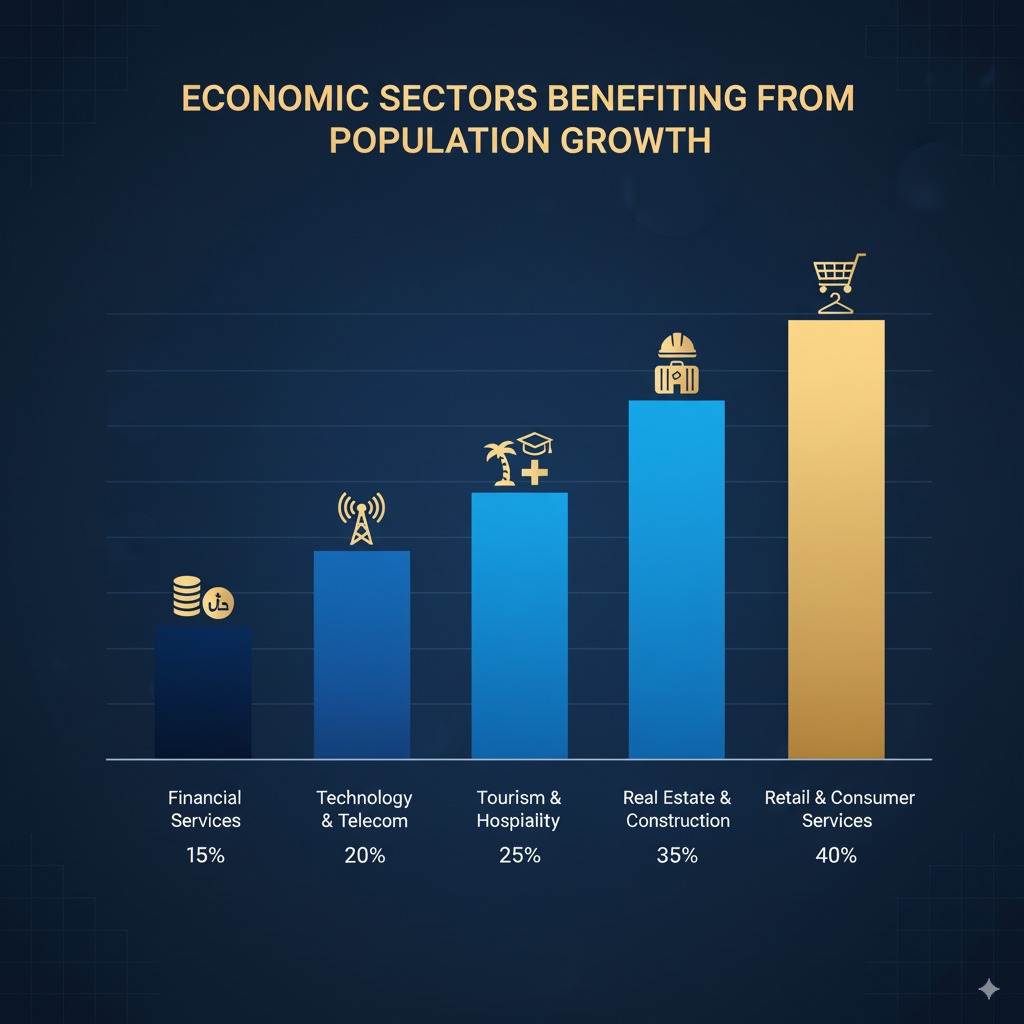 Bar chart showing economic sectors in Dubai benefiting from 4 million population milestone with growth percentages