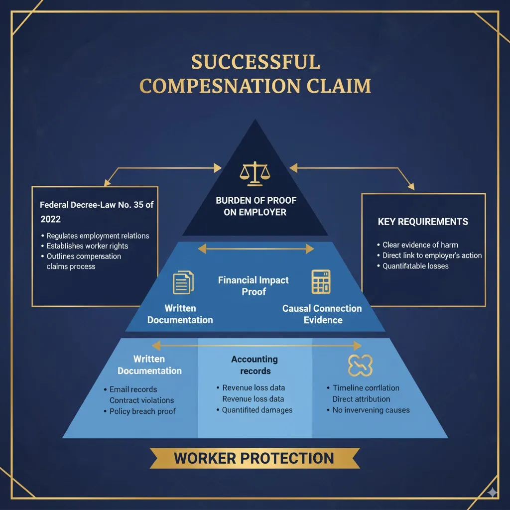 Hierarchical chart showing evidence requirements for UAE employer compensation claims