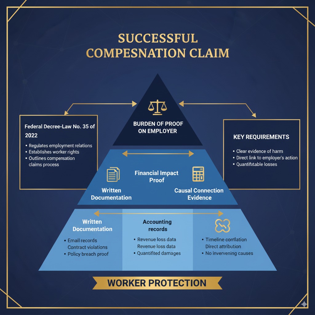 Hierarchical chart showing evidence requirements for UAE employer compensation claims