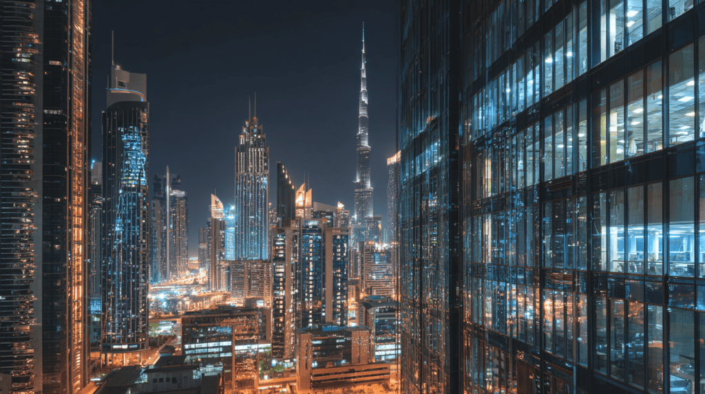Dubai night skyline showing businesses operating after hours requiring work permits