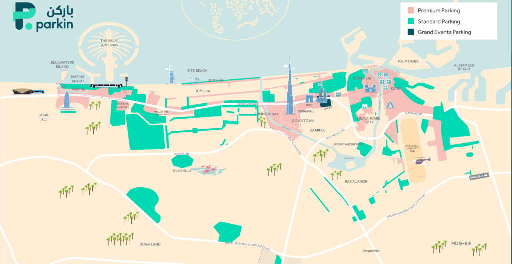 Dubai Parkin parking zones map showing all subscription areas