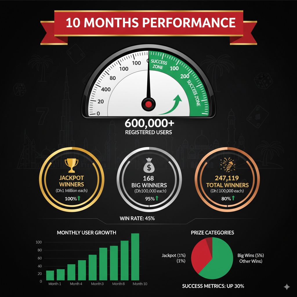 UAE Lottery performance statistics showing 600,000 players and 250,000 winners infographic