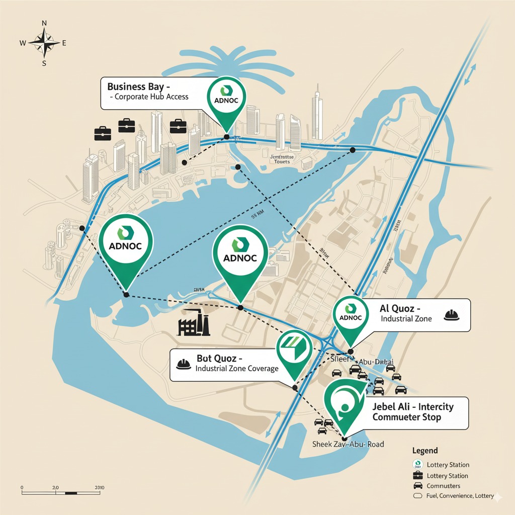Map showing three Dubai ADNOC station locations offering UAE Lottery tickets